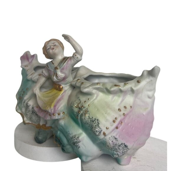 Vtg Victorian Porcelain Figural Double Shell Planter With Dancing Girl Figurine - Picture 2 of 11